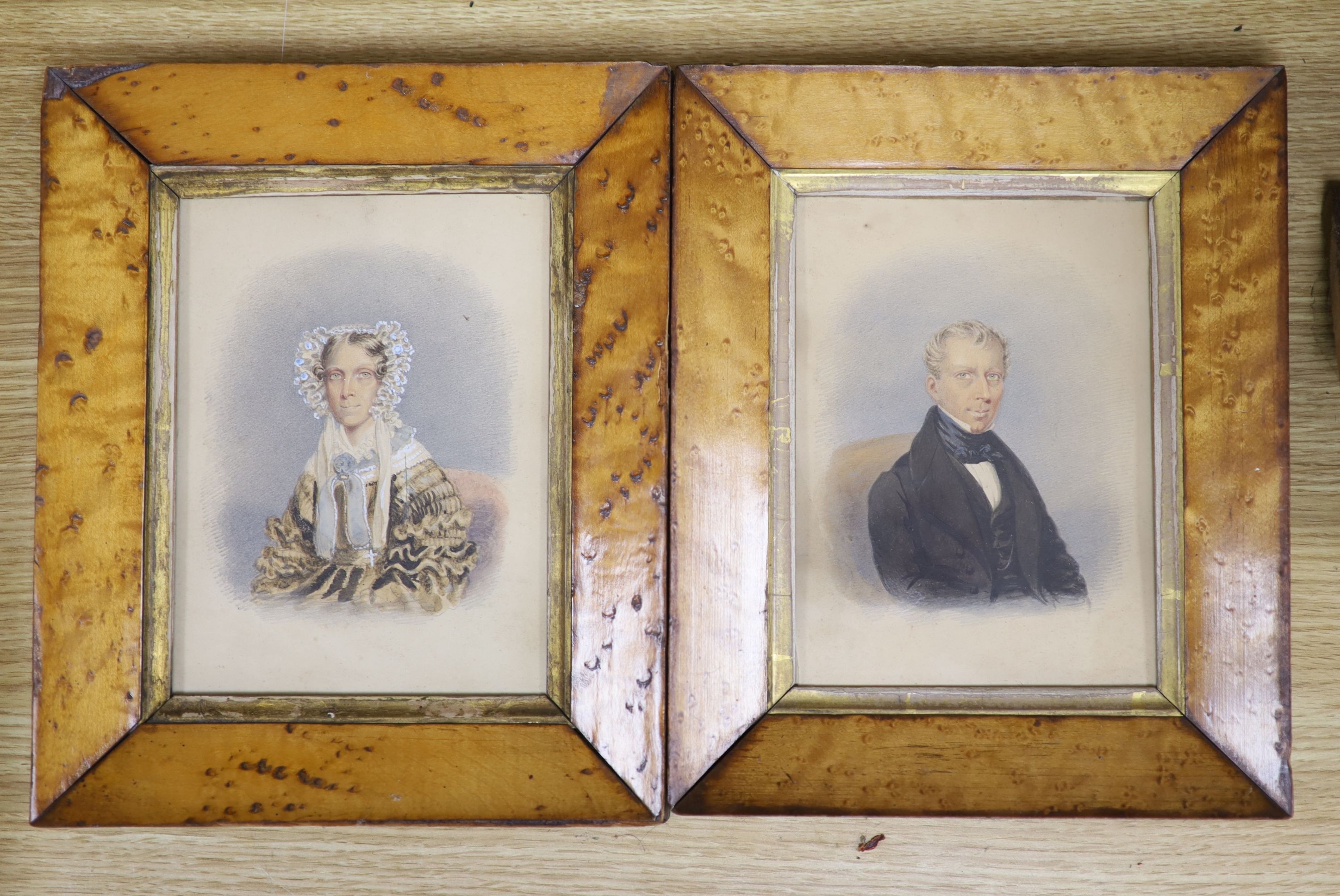 Victorian School, pair of watercolours, Portraits of a husband and wife, 18 x 13cm, maple framed